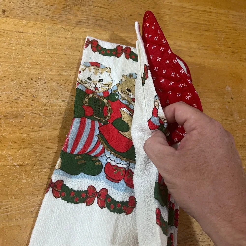 Vtg Holiday‎ Trimmings Caroling Cats 3pc Kitchen Towel Dish Cloth Pot Holder Set